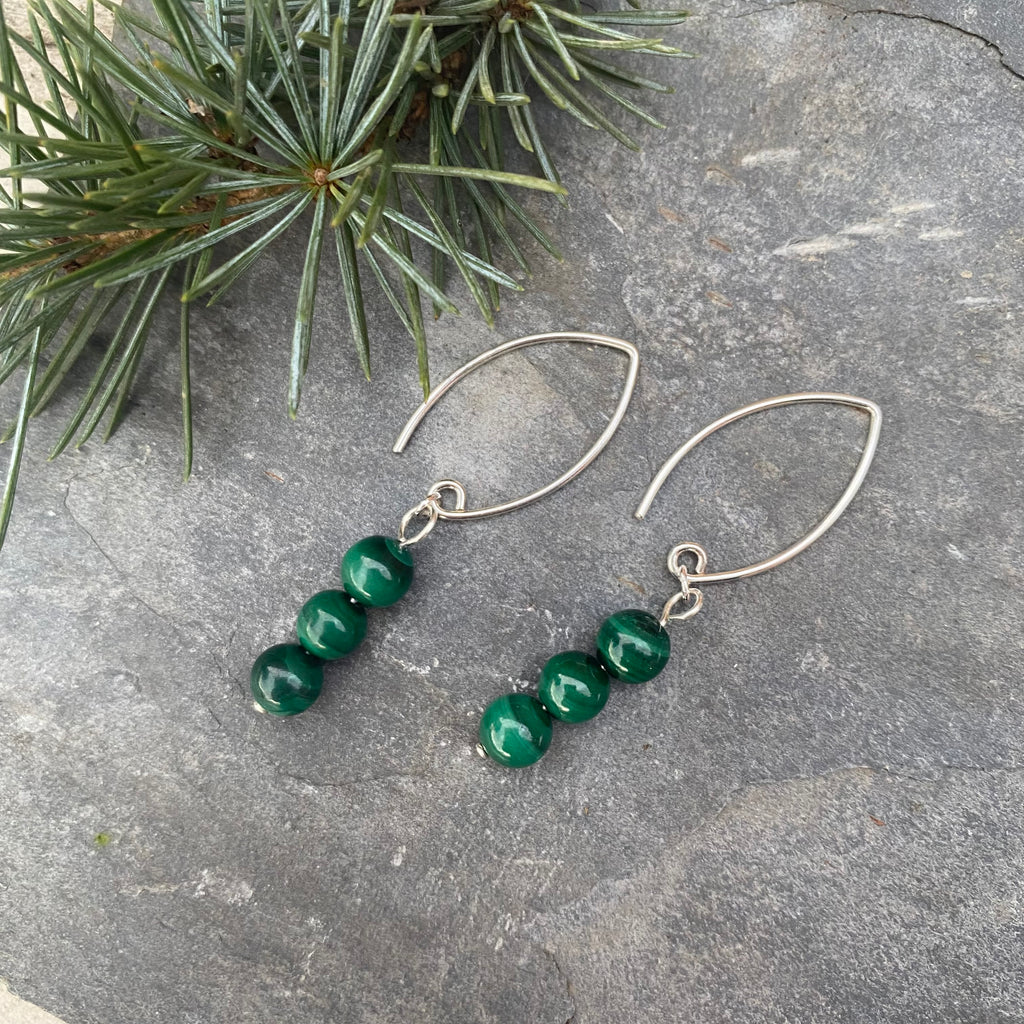 Malachite Gemstone Dangle Earrings - Sterling Silver and Crystal - May Birthstone Jewellery