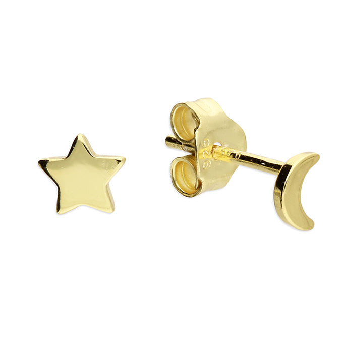Moon and Star Stud Earrings- Gold Plated Sterling Silver Jewellery