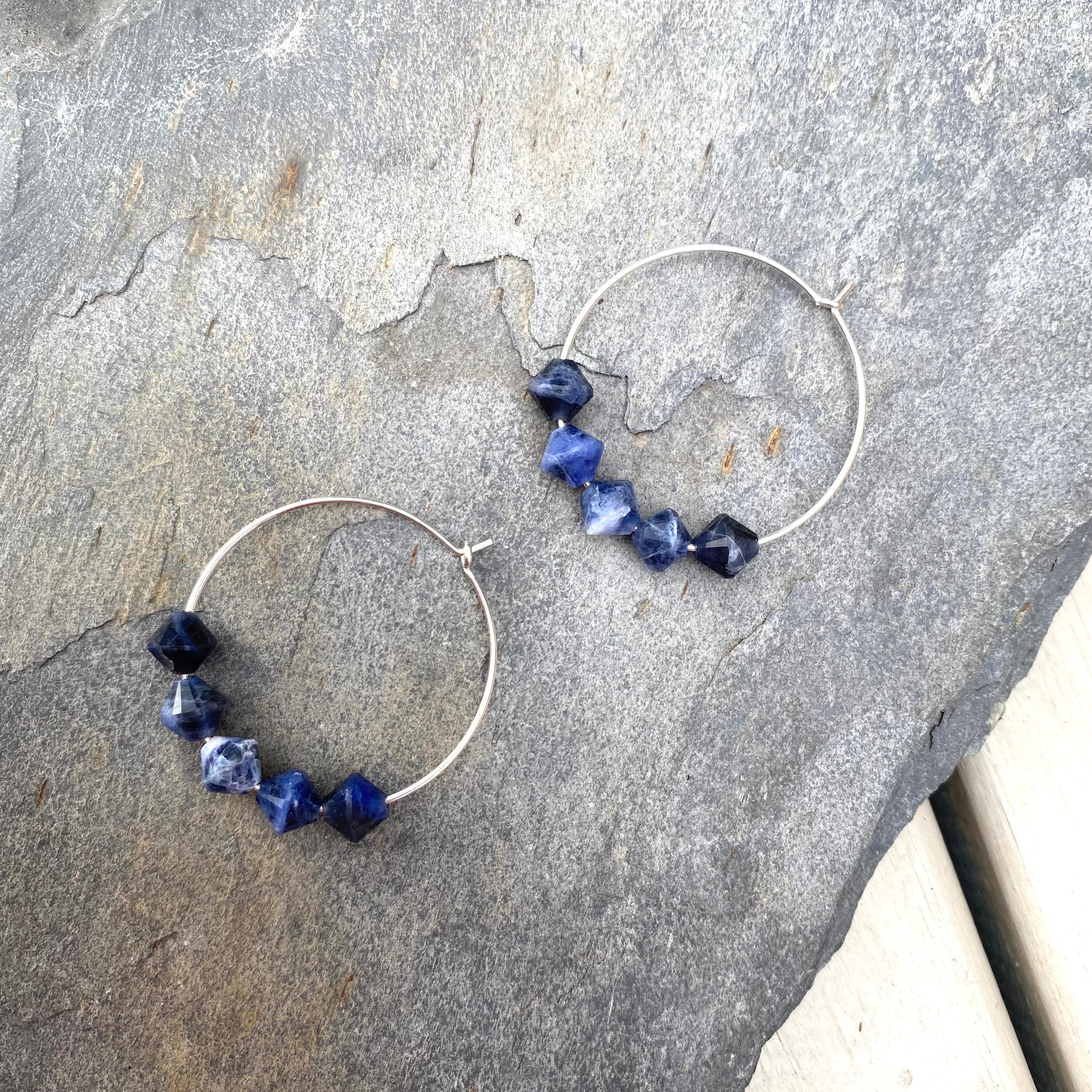 Sodalite Gemstone Earrings - Sterling Silver Hoops