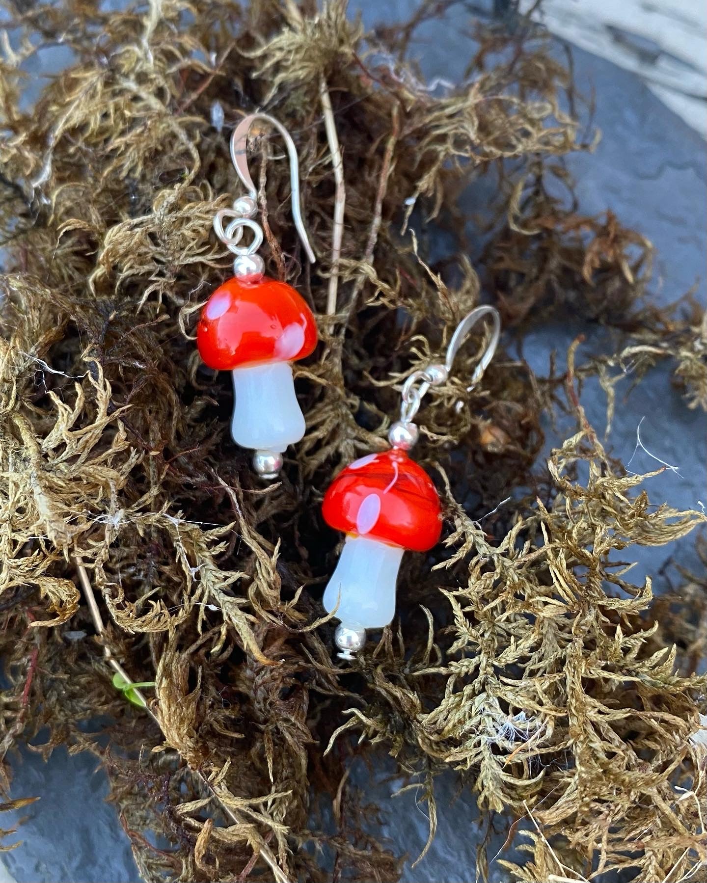 Quirky Red Mushroom Earrings - Glass Toadstool - Sterling Silver Jewellery