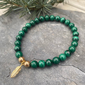 Malachite Gemstone Crystal Bracelet - Gold Vermeil Feather - Well Being Crystal Feather Green Jewellery -  May Birthstone