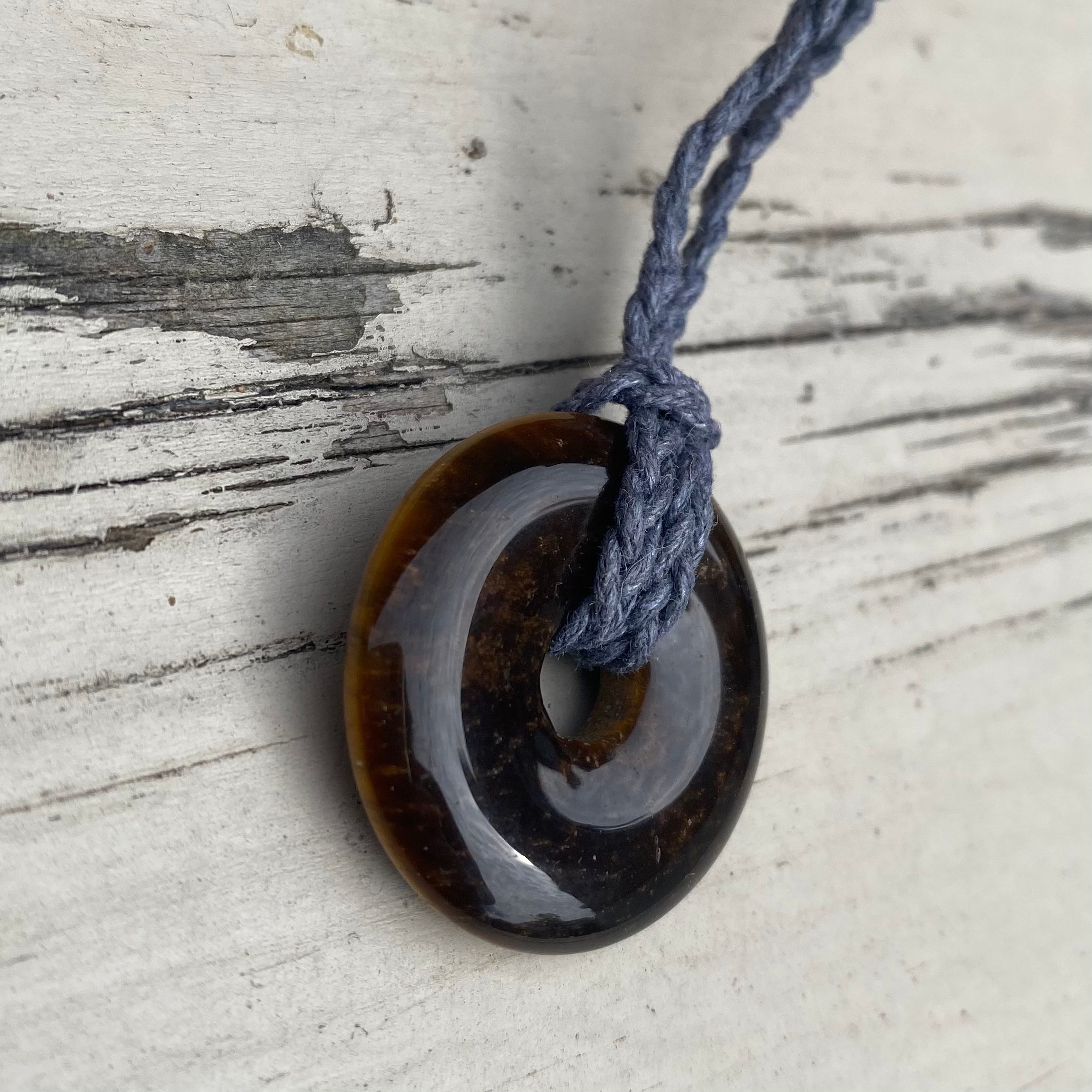 Tigers Eye Donut Pendant - Adjustable Waxed Cotton Necklace