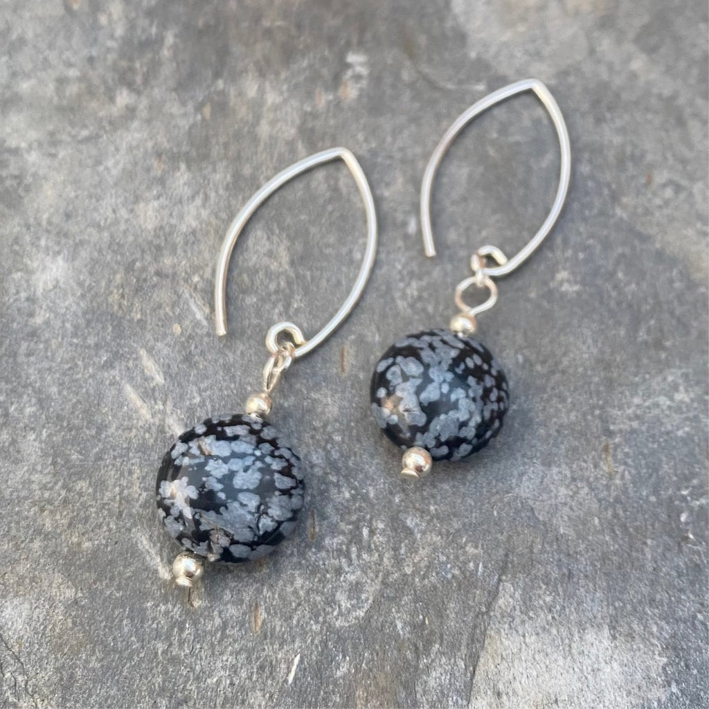 Snowflake Obsidian Coin Dangle Earrings - Sterling Silver