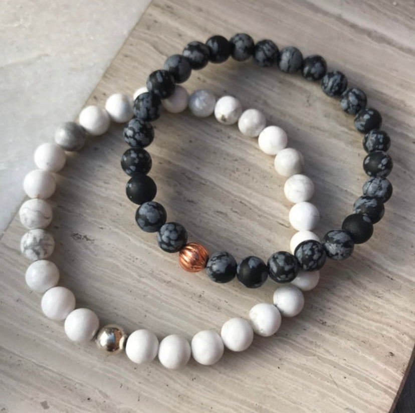 Protection and Calming Yin and Yang Bracelet Set - Howlite and Silver and Snowflake Obsdian and Copper