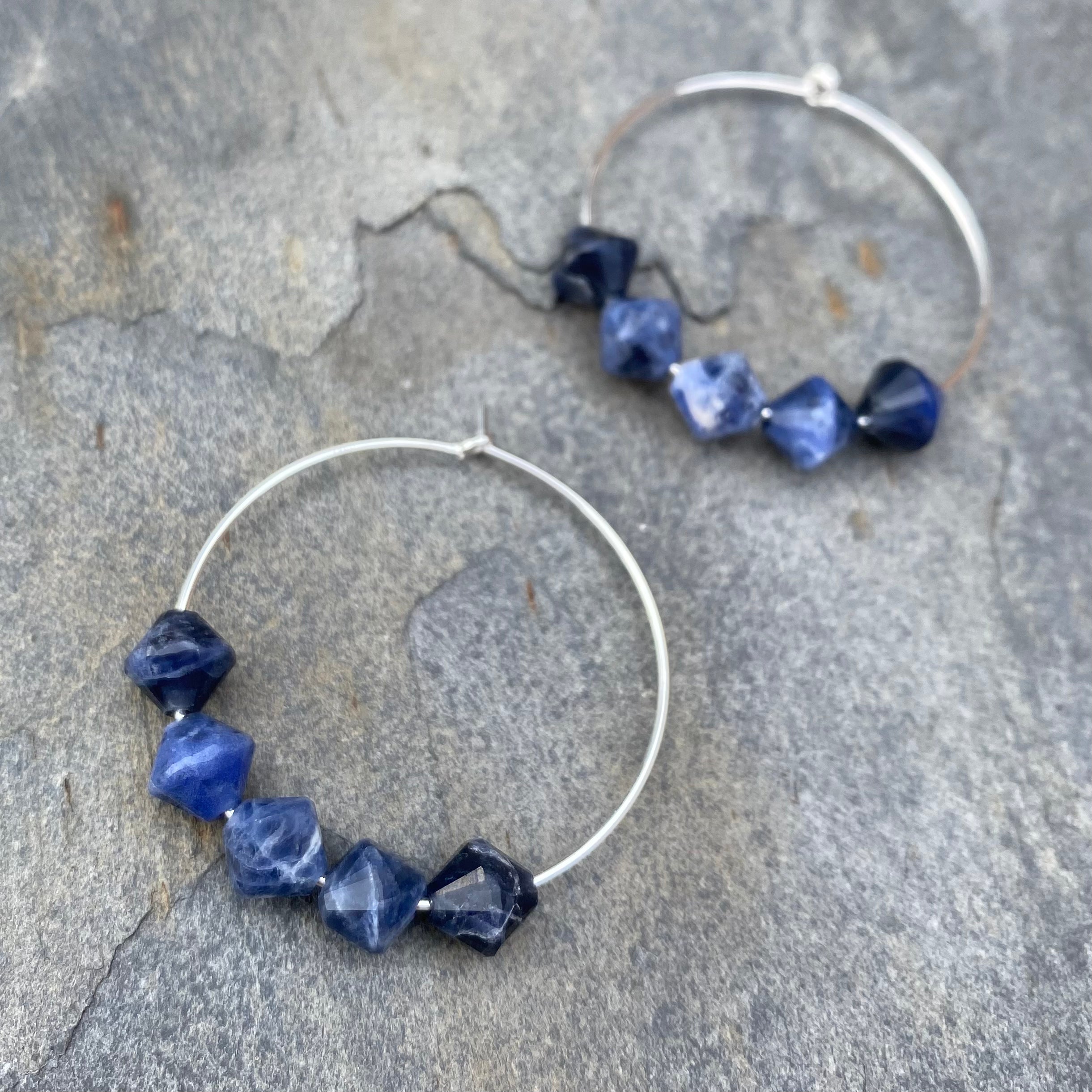 Sodalite Gemstone Earrings - Sterling Silver Hoops