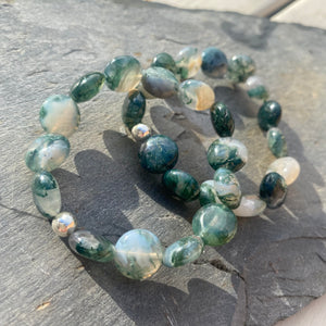 Moss Agate Bracelet - Gemstone Coin Beads with silver spacer - Crystal Healing Jewellery