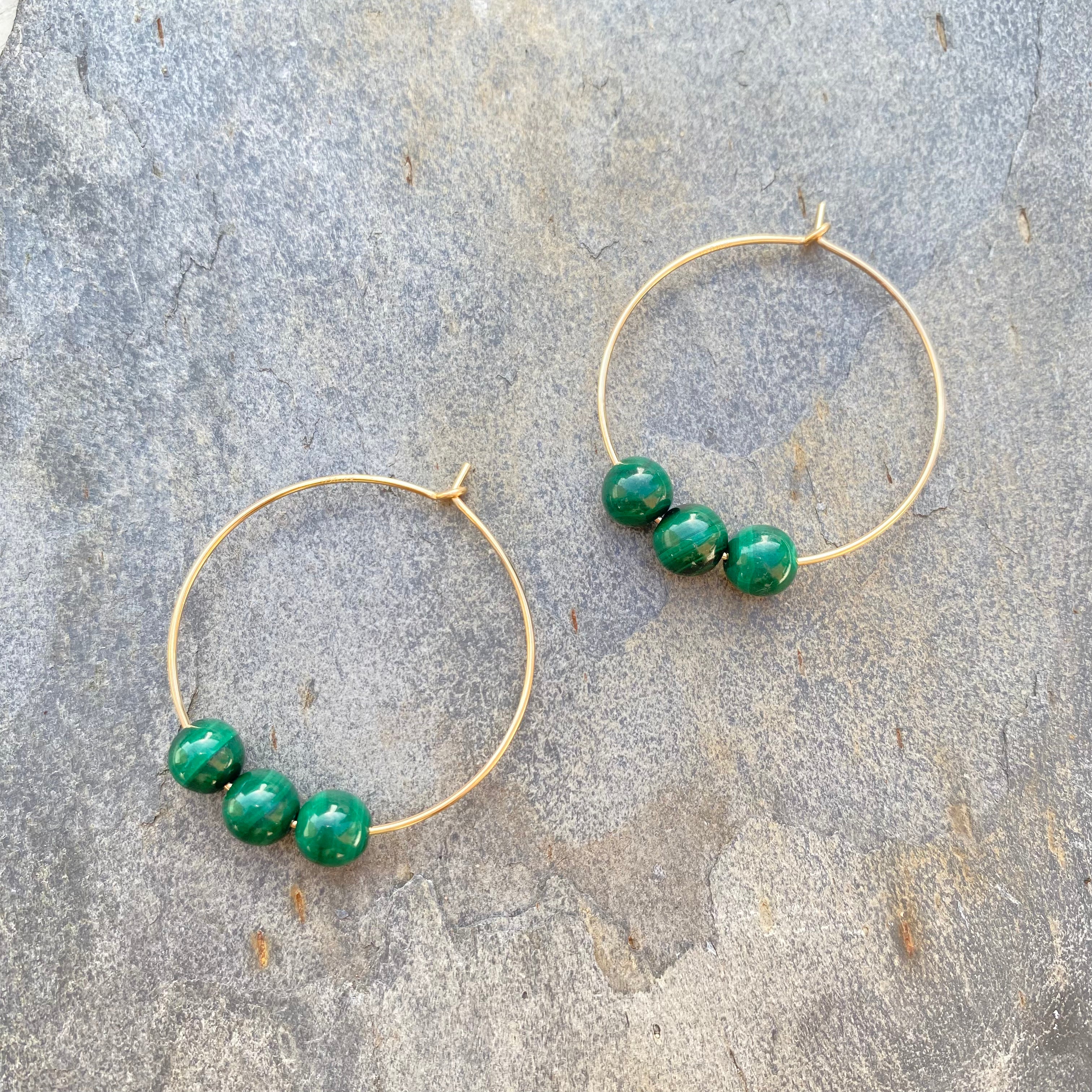 Malachite Jewellery Gemstone Earrings - Gold Hoops - May Birthstone Crystal