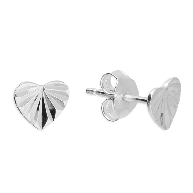 Diamond Cut Heart Stud Earrings - Sterling Silver
