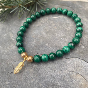 Malachite Gemstone Crystal Bracelet - Gold Vermeil Feather - Well Being Crystal Feather Green Jewellery -  May Birthstone