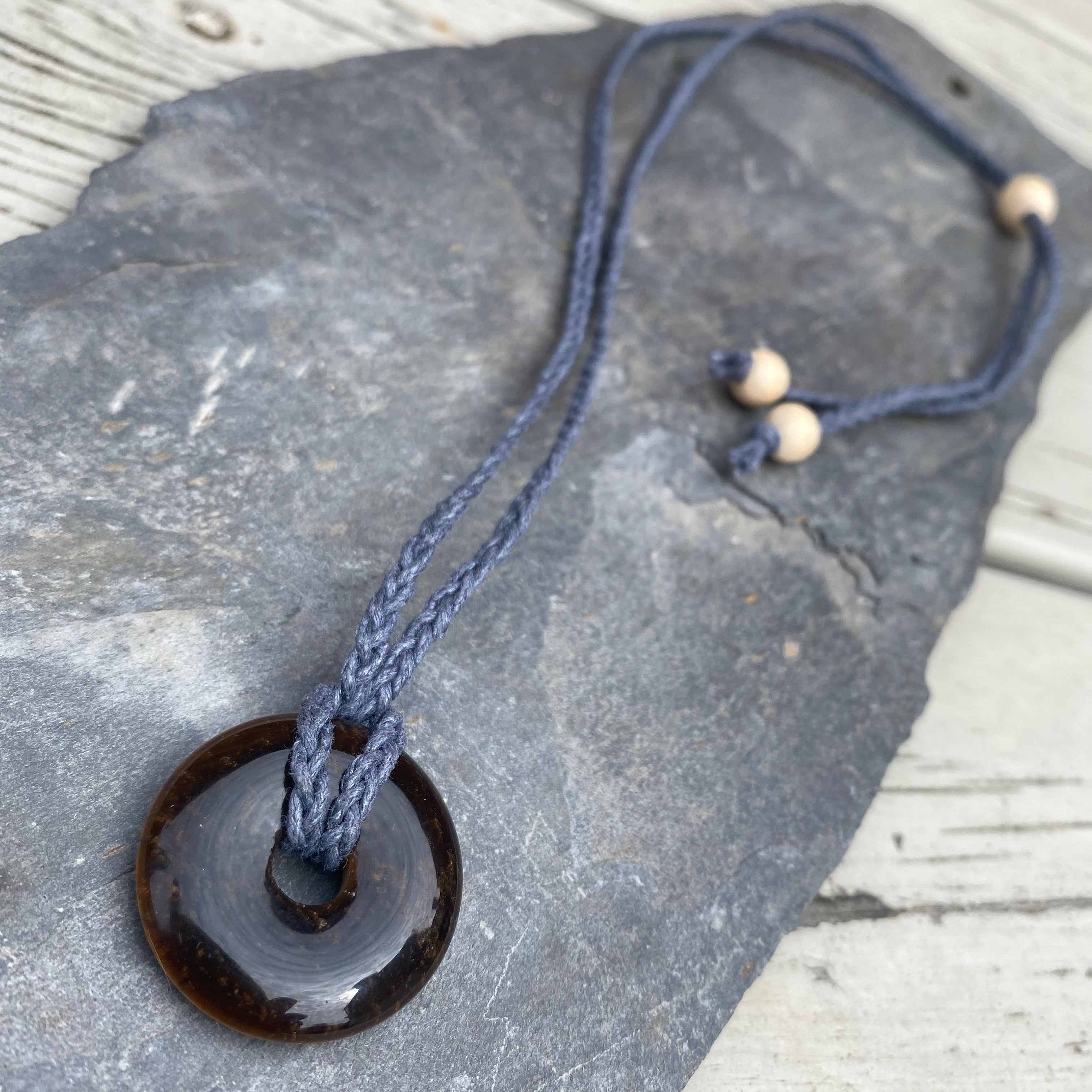 Tigers Eye Donut Pendant - Adjustable Waxed Cotton Necklace