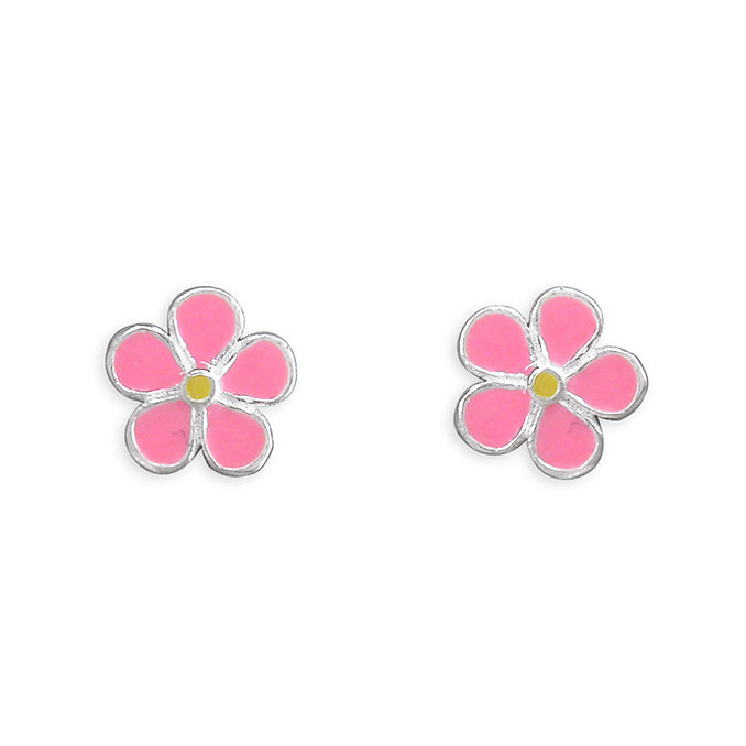 Pink Enamel Flower Stud Earrings - Sterling Silver Jewellery