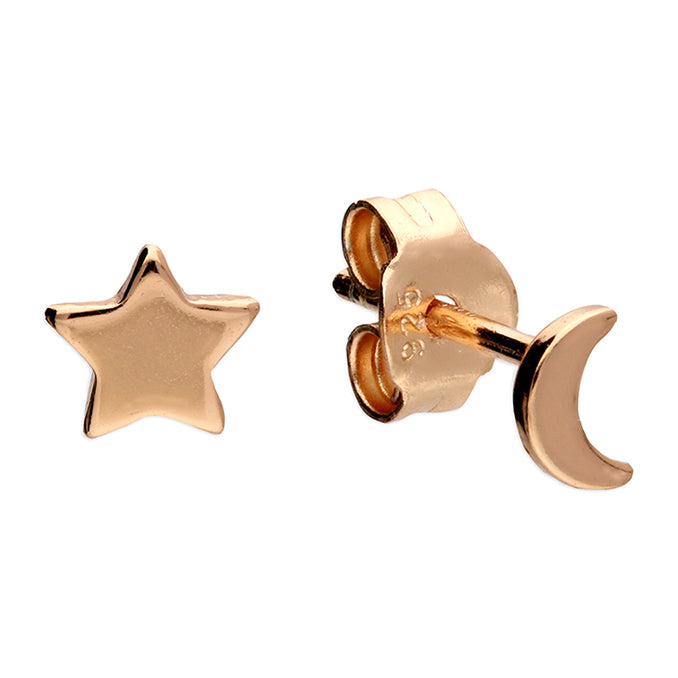 Moon and Star Stud Earrings- Rose Gold Plated Sterling Silver Jewellery