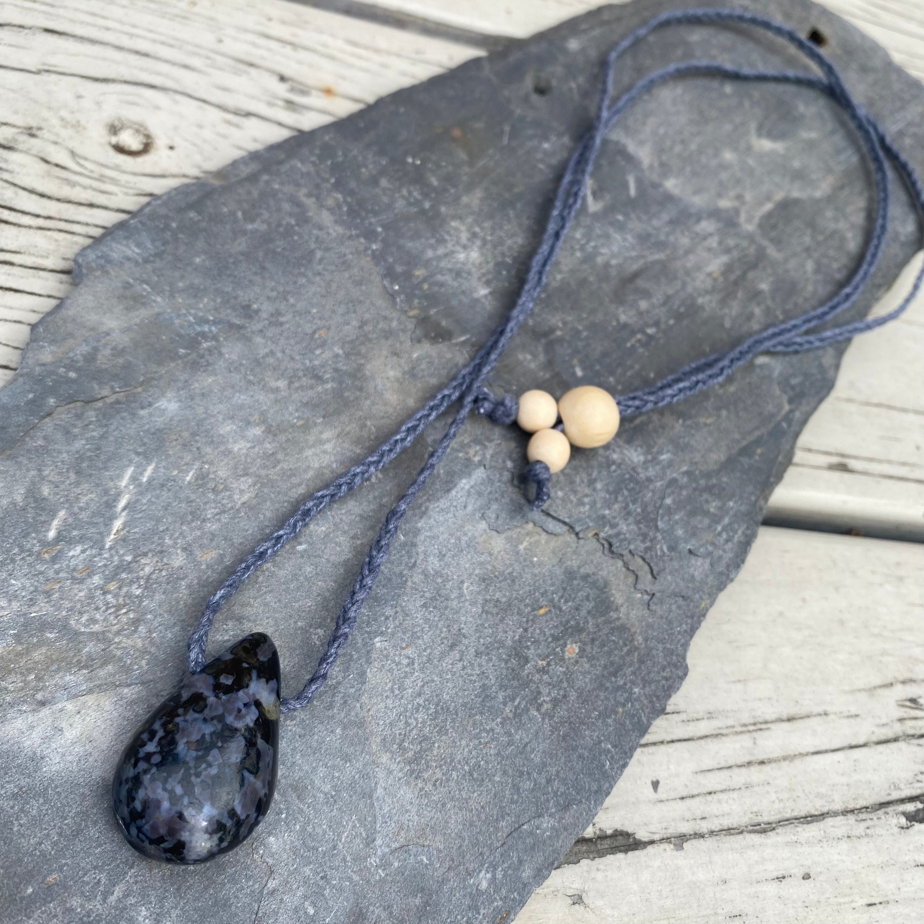 Gabbro Gemstone Teardrop Pendant Necklace - Adjustable Waxed Cotton Necklace
