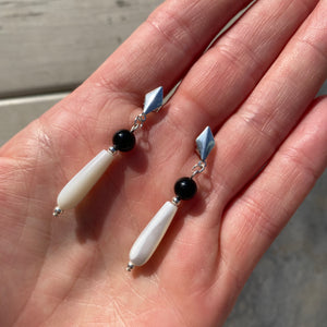 Mother of Pearl and Onyx Dangle Stud Gemstone Earrings