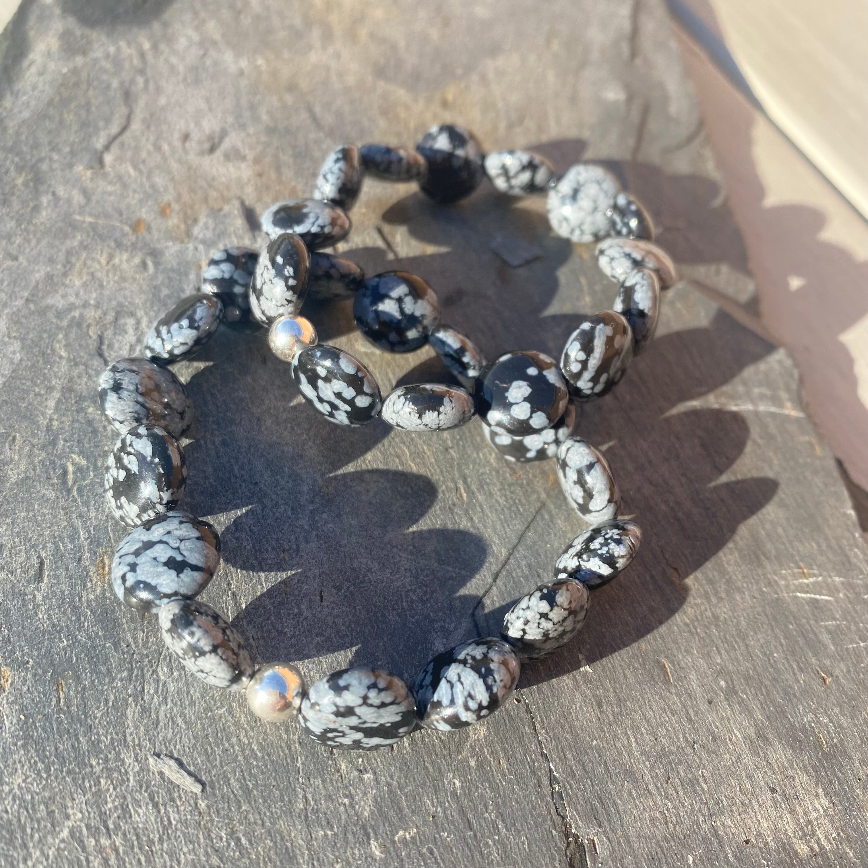 Snowflake Obsidian Bracelet - Gemstone Coin Beads with silver spacer - Crystal Healing Jewellery
