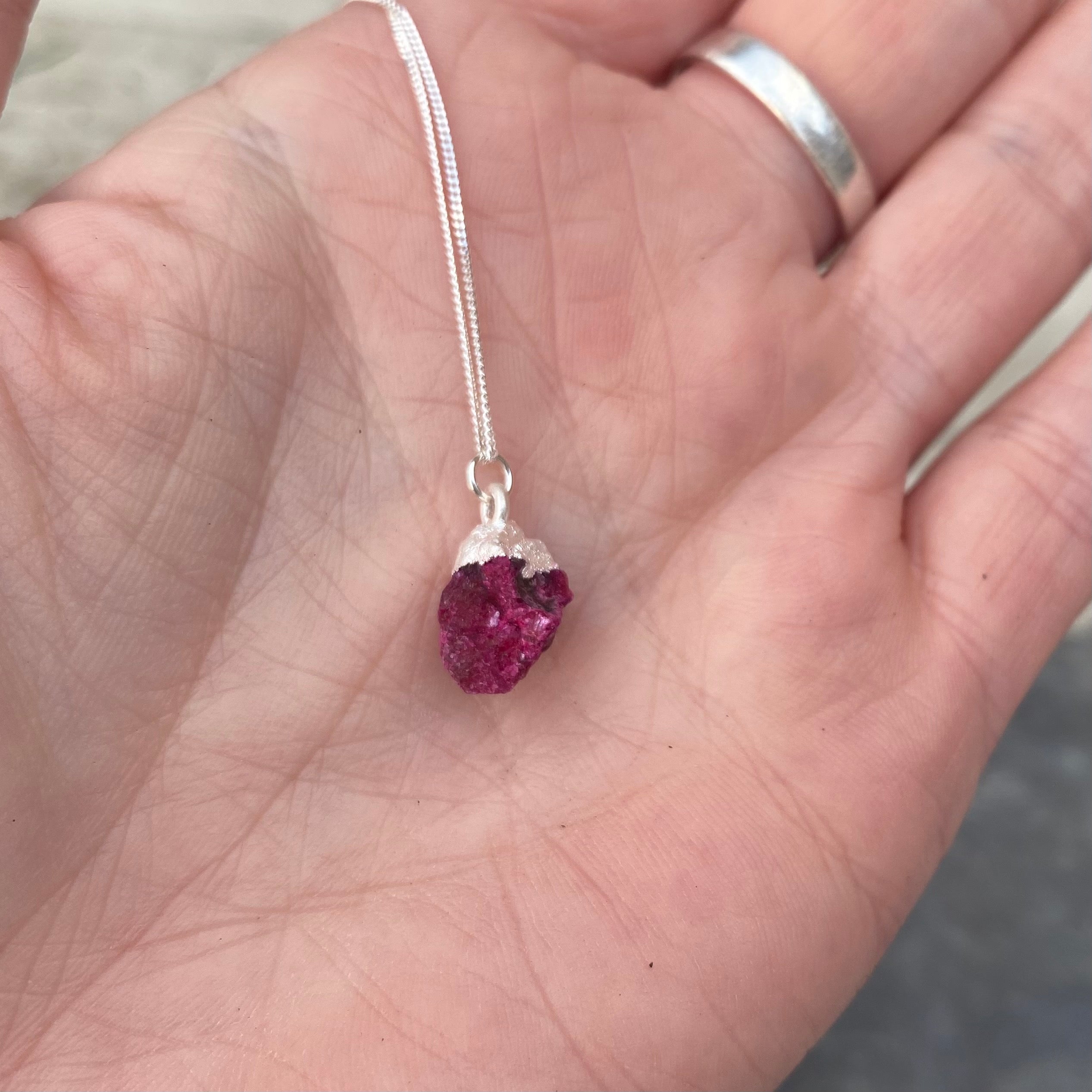 Birthstone Necklace - Raw Crystal and Sterling Silver July Ruby 18"