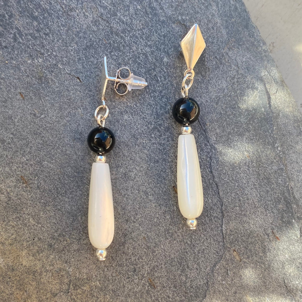 Mother of Pearl and Onyx Dangle Stud Gemstone Earrings