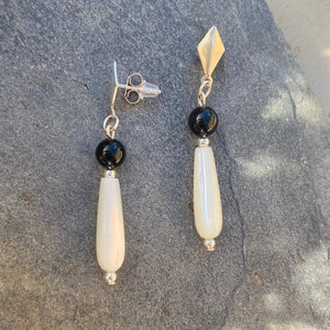 Mother of Pearl and Onyx Dangle Stud Gemstone Earrings