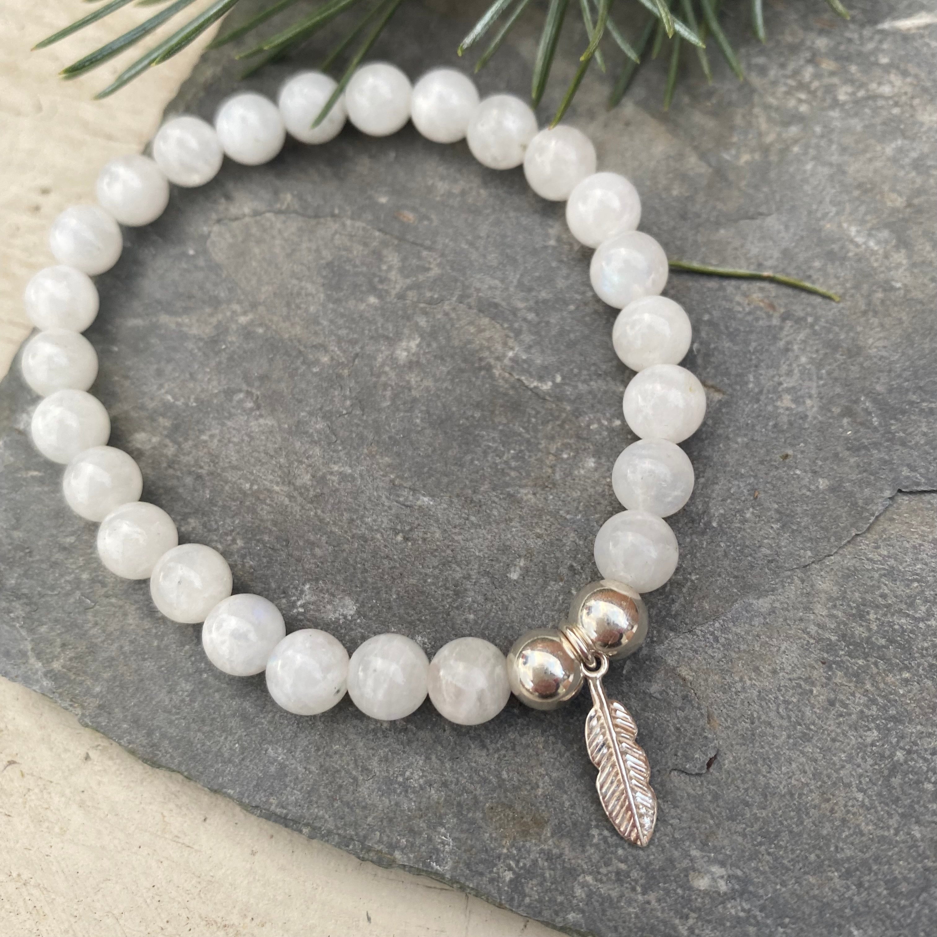 Moonstone Gemstone Bracelet - Silver Feather Charm - Well Being Crystal Jewellery