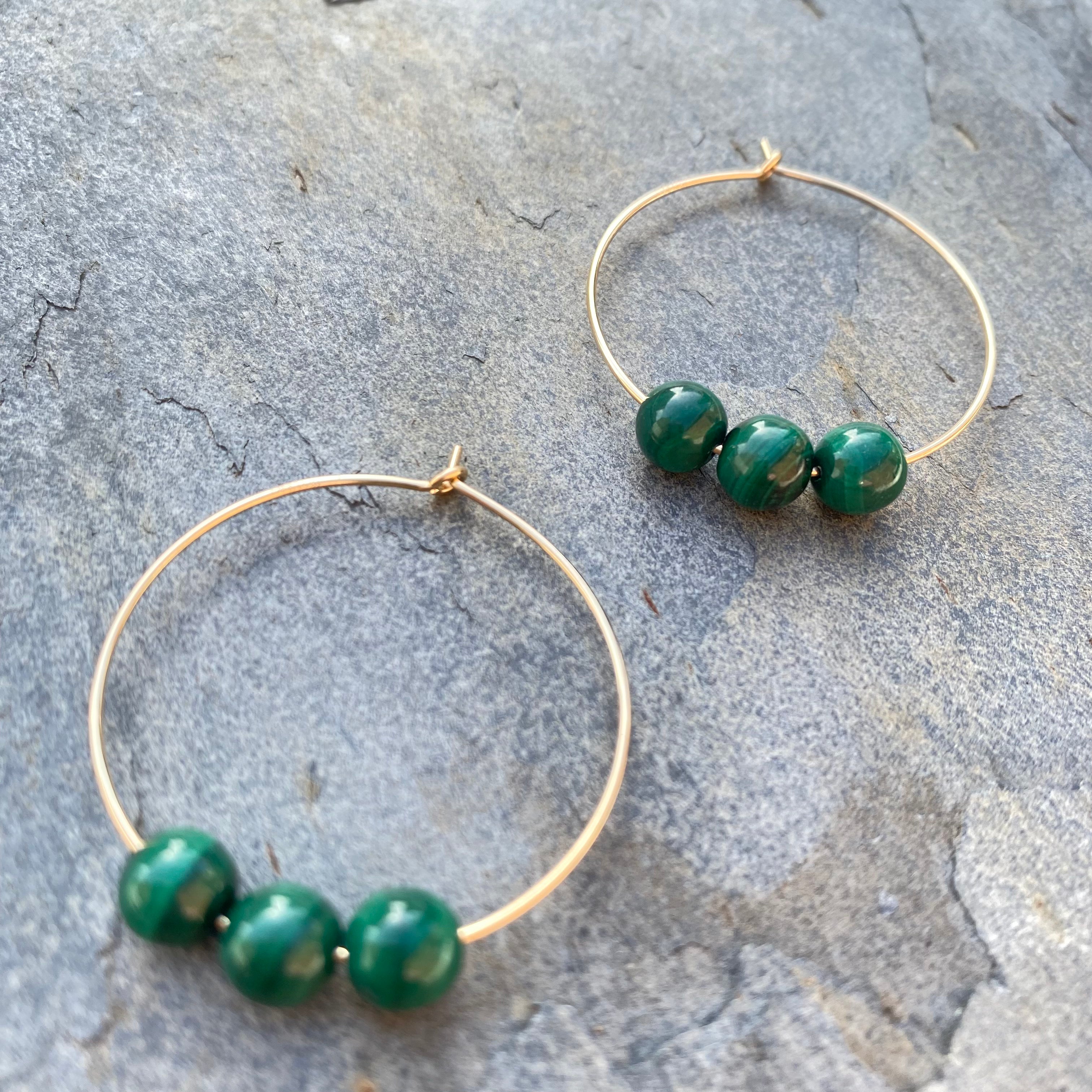 Malachite Jewellery Gemstone Earrings - Gold Hoops - May Birthstone Crystal