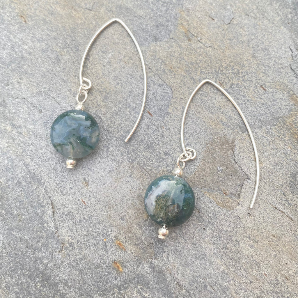 Moss Agate Gemstone Coin Dangle Earrings - Sterling Silver Crystal Jewellery