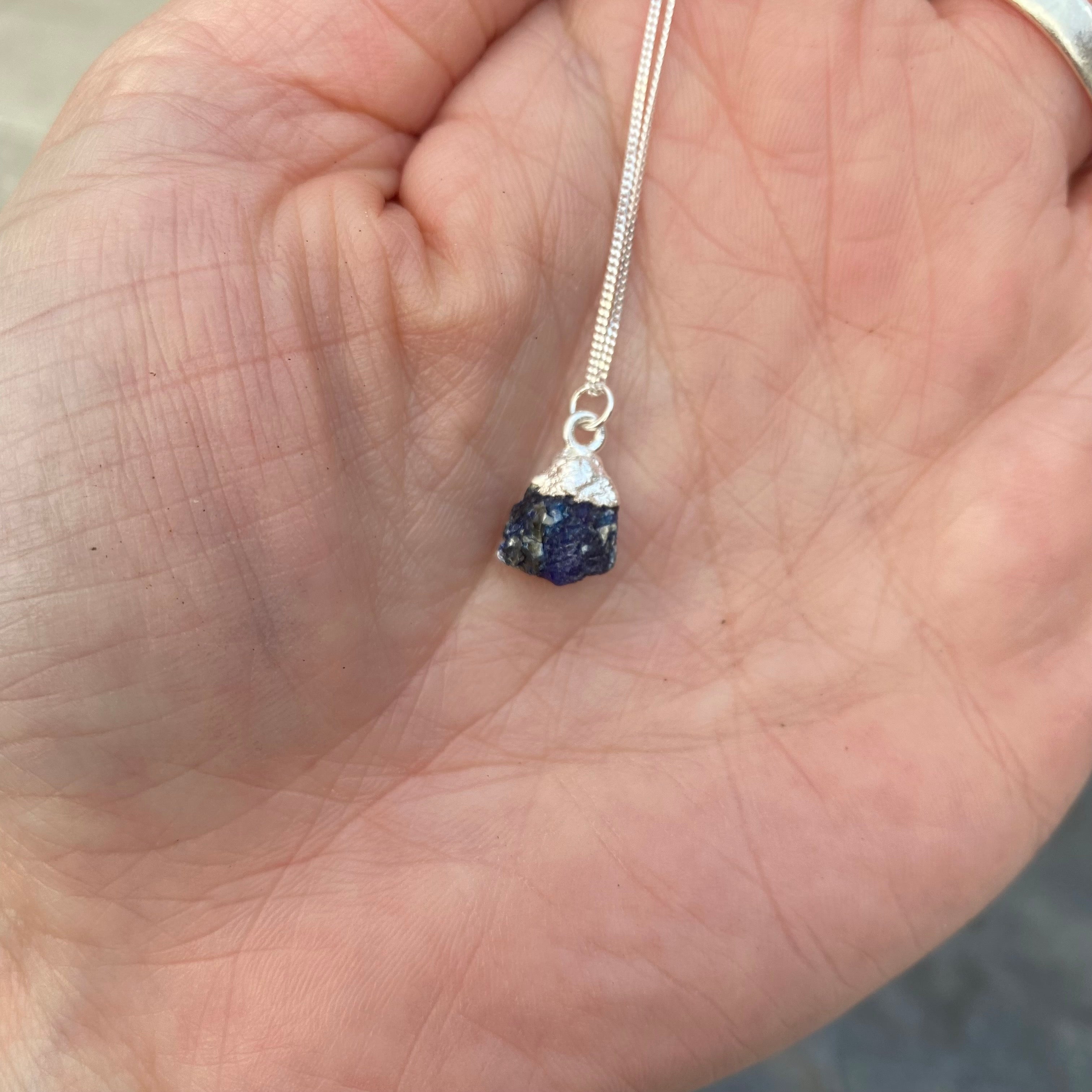 Birthstone Necklace - Raw Crystal and Sterling Silver September Sapphire 18"