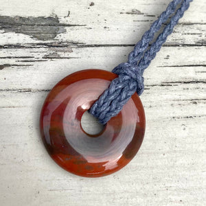 Red Jasper Donut Pendant - Adjustable Waxed Cotton Necklace