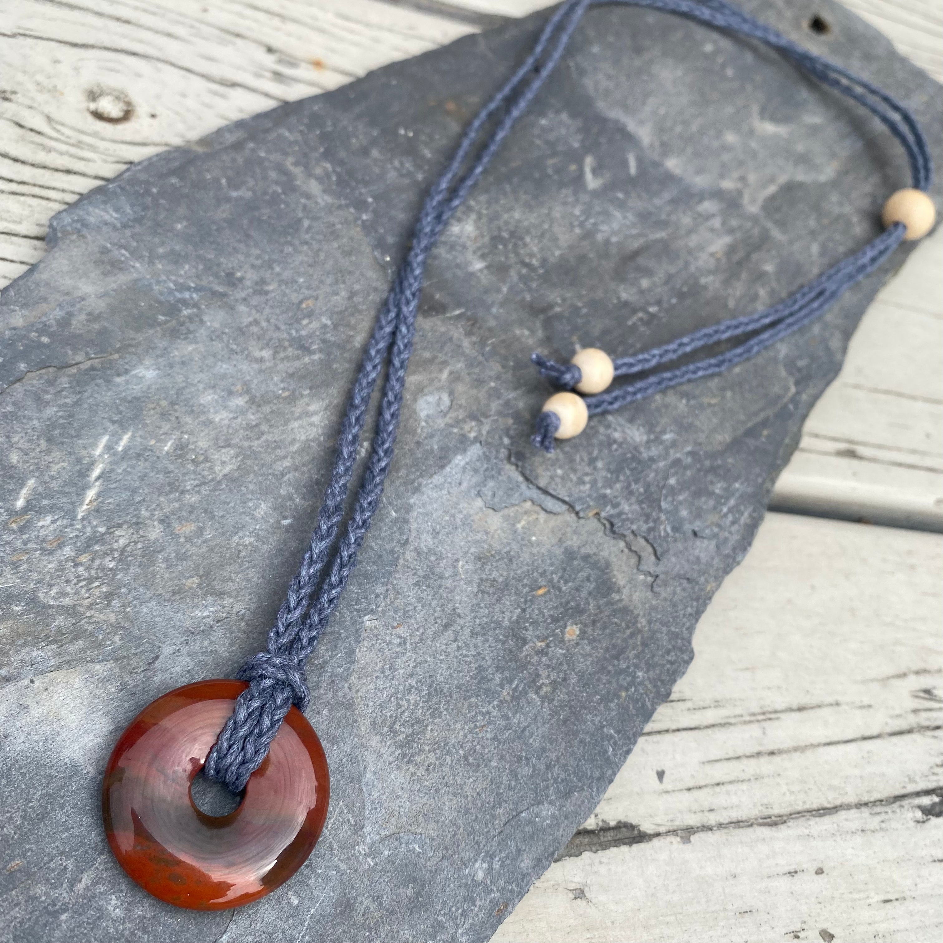 Red Jasper Donut Pendant - Adjustable Waxed Cotton Necklace