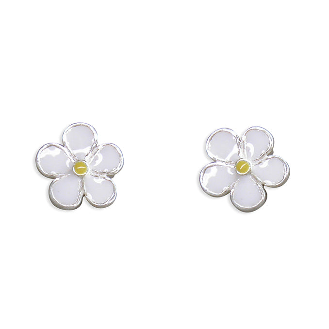 Cute White Enamel Flower Stud Earrings - Sterling Silver Jewellery For Girls