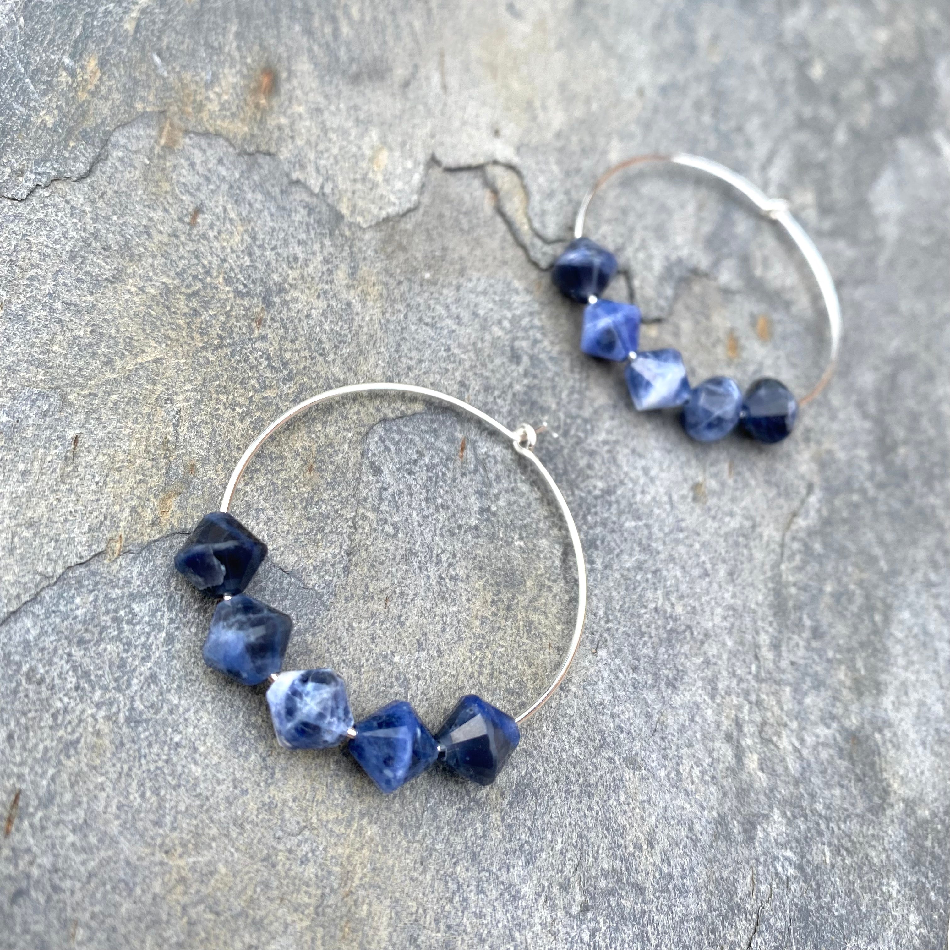 Sodalite Gemstone Earrings - Sterling Silver Hoops