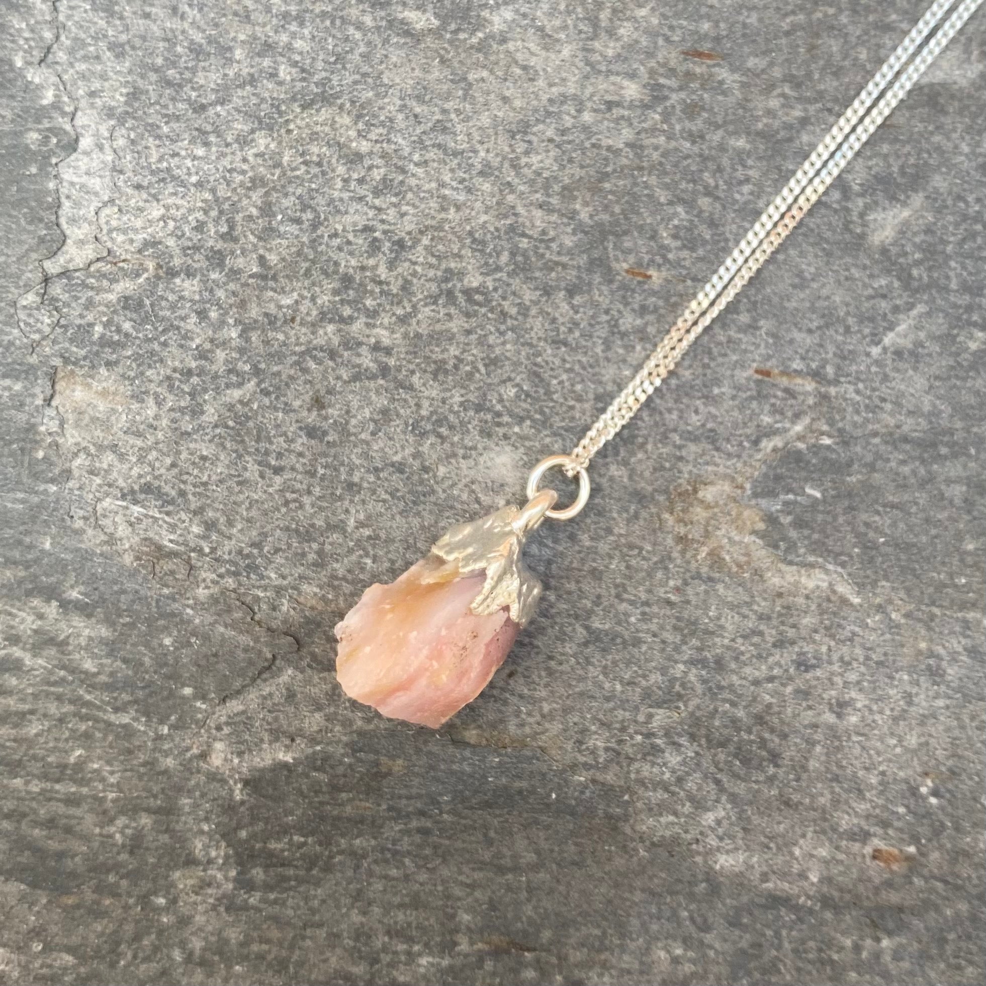 Birthstone Necklace - Raw Crystal and Sterling Silver October Pink Opal 16"