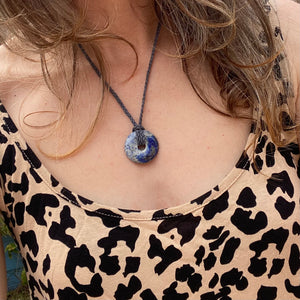Lapis Lazuli Donut Jewellery Pendant - Adjustable Waxed Cotton Necklace