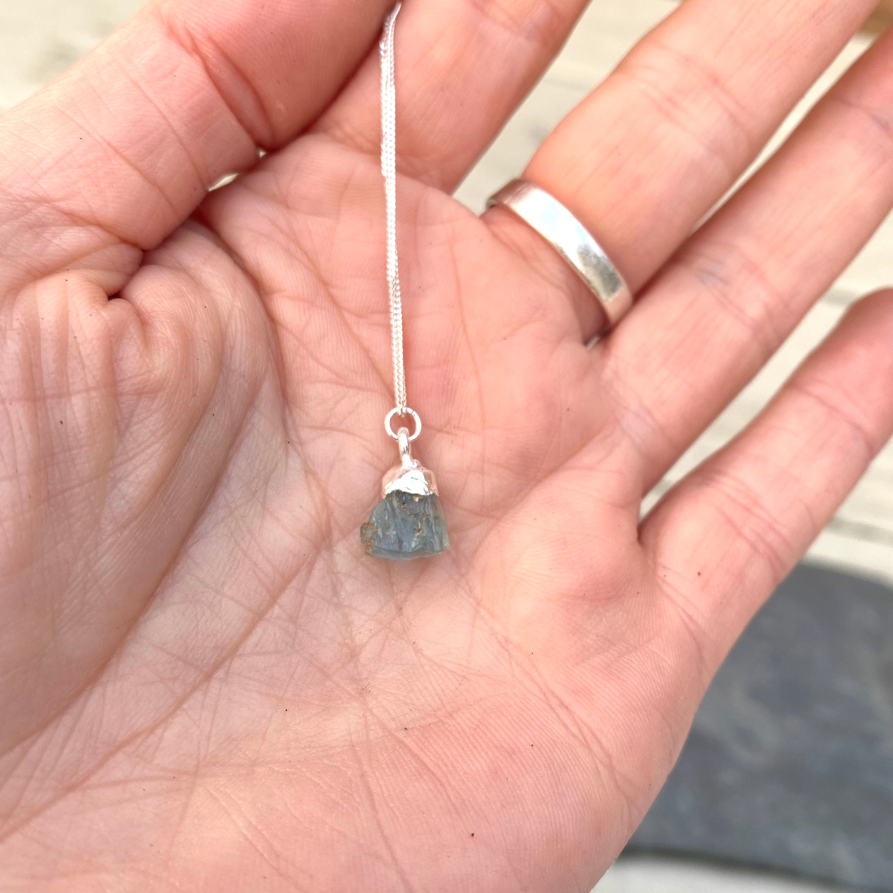 Birthstone Necklace - Raw Crystal and Sterling Silver March Aquamarine 18"