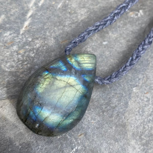 Labradorite Teardrop Gemstone Jewellery Pendant - Adjustable Waxed Cotton Necklace