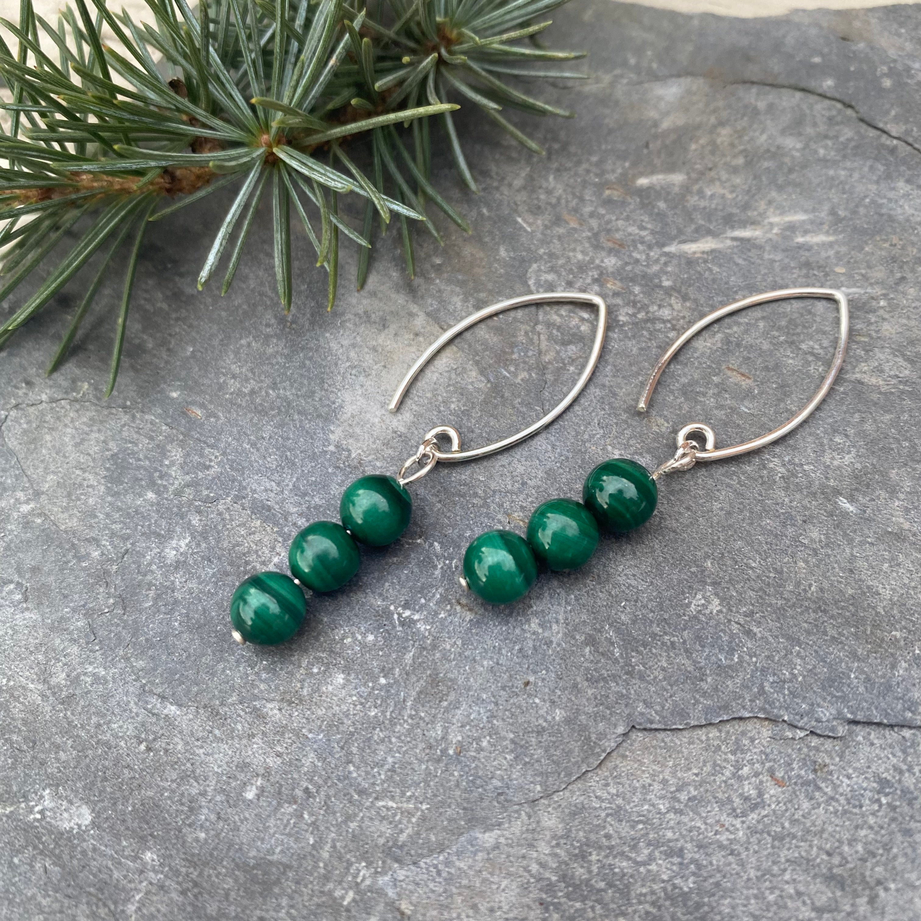 Malachite Gemstone Dangle Earrings - Sterling Silver and Crystal - May Birthstone Jewellery