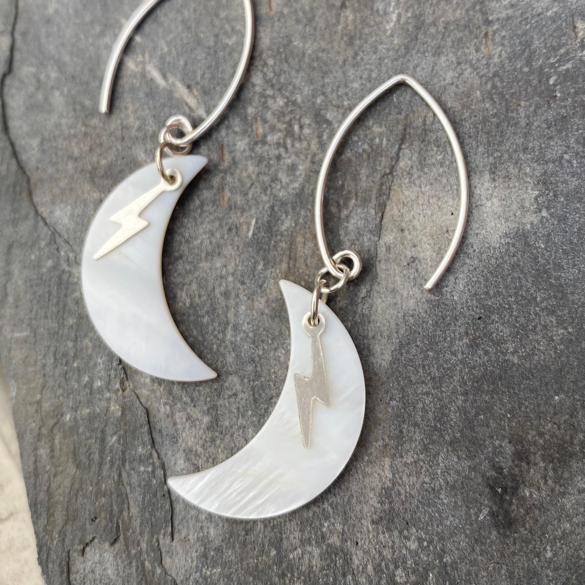 Moon and Lightning Earrings - Mother of Pearl and Sterling Silver Jewellery