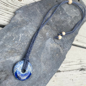 Lapis Lazuli Donut Jewellery Pendant - Adjustable Waxed Cotton Necklace