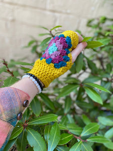 Fingerless Gloves - Mustard Granny Square - Crocheted Handwarmers