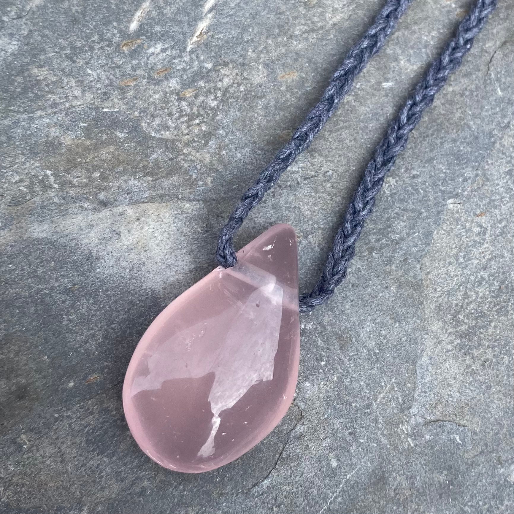 Rose Quartz Teardrop Pendant - Adjustable Waxed Cotton Necklace