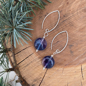 Fluorite Coin Round Dangle Earrings - Sterling Silver