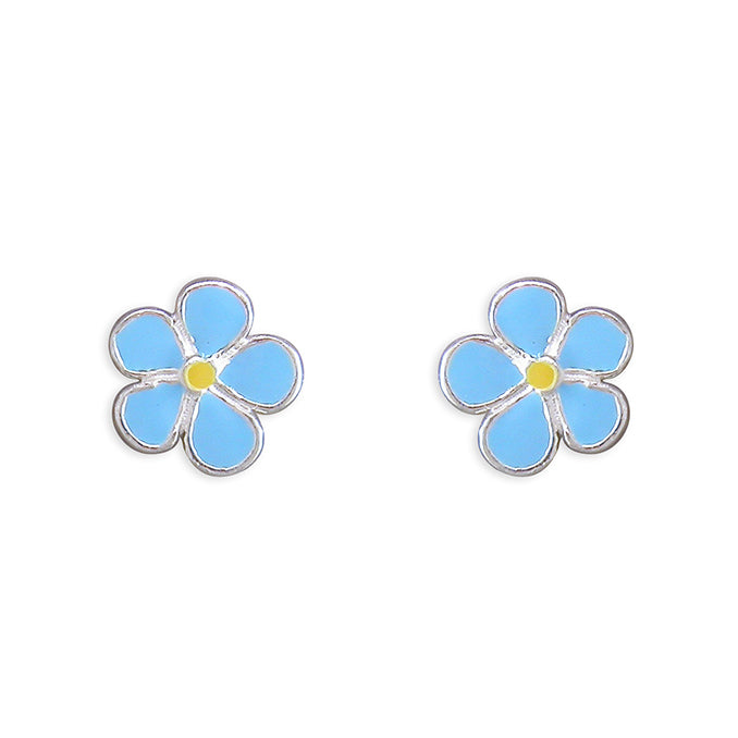 Blue Enamel Flower Stud Earrings - Sterling Silver