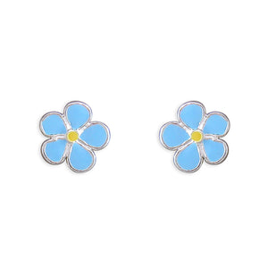 Blue Enamel Flower Stud Earrings - Sterling Silver