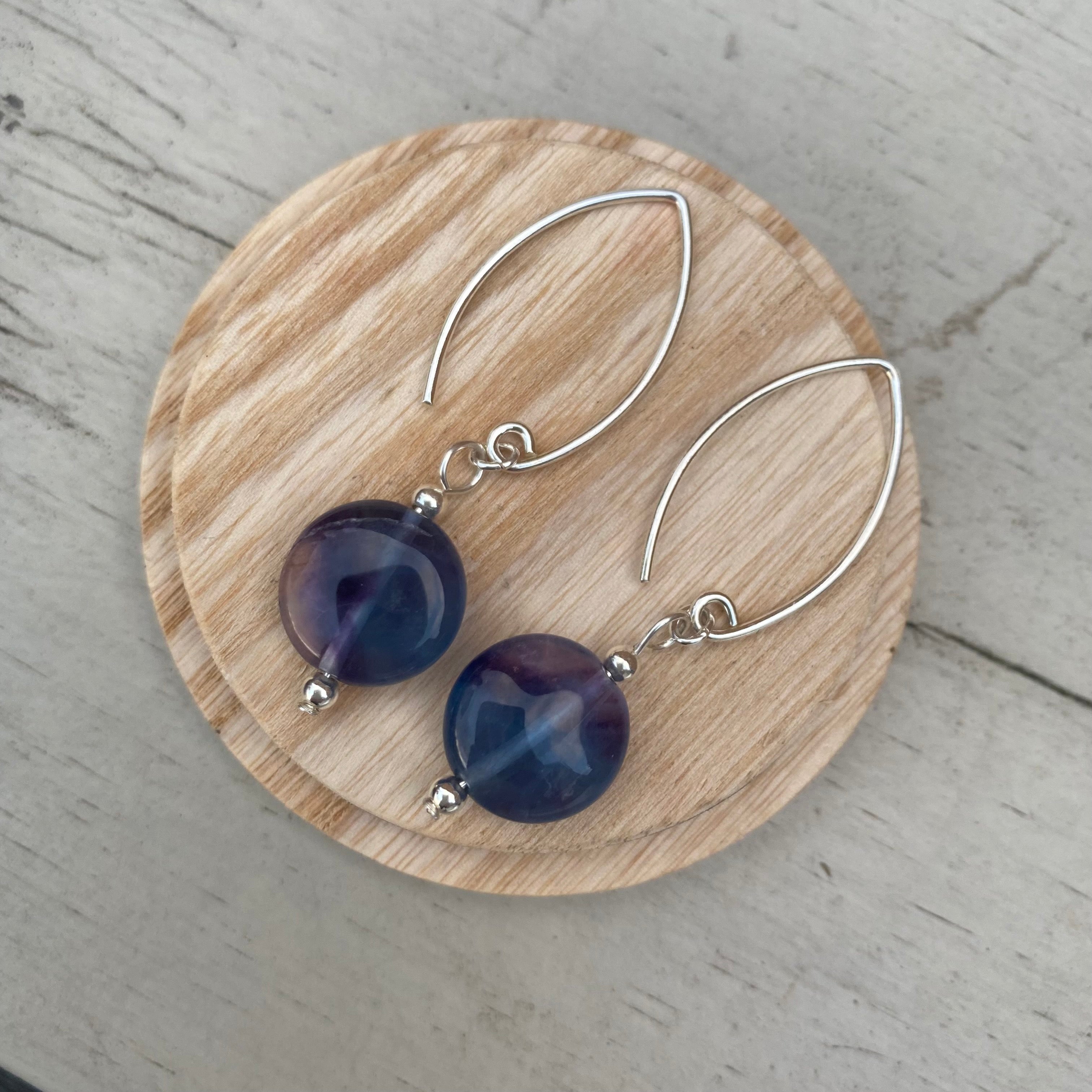 Fluorite Coin Round Dangle Earrings - Sterling Silver