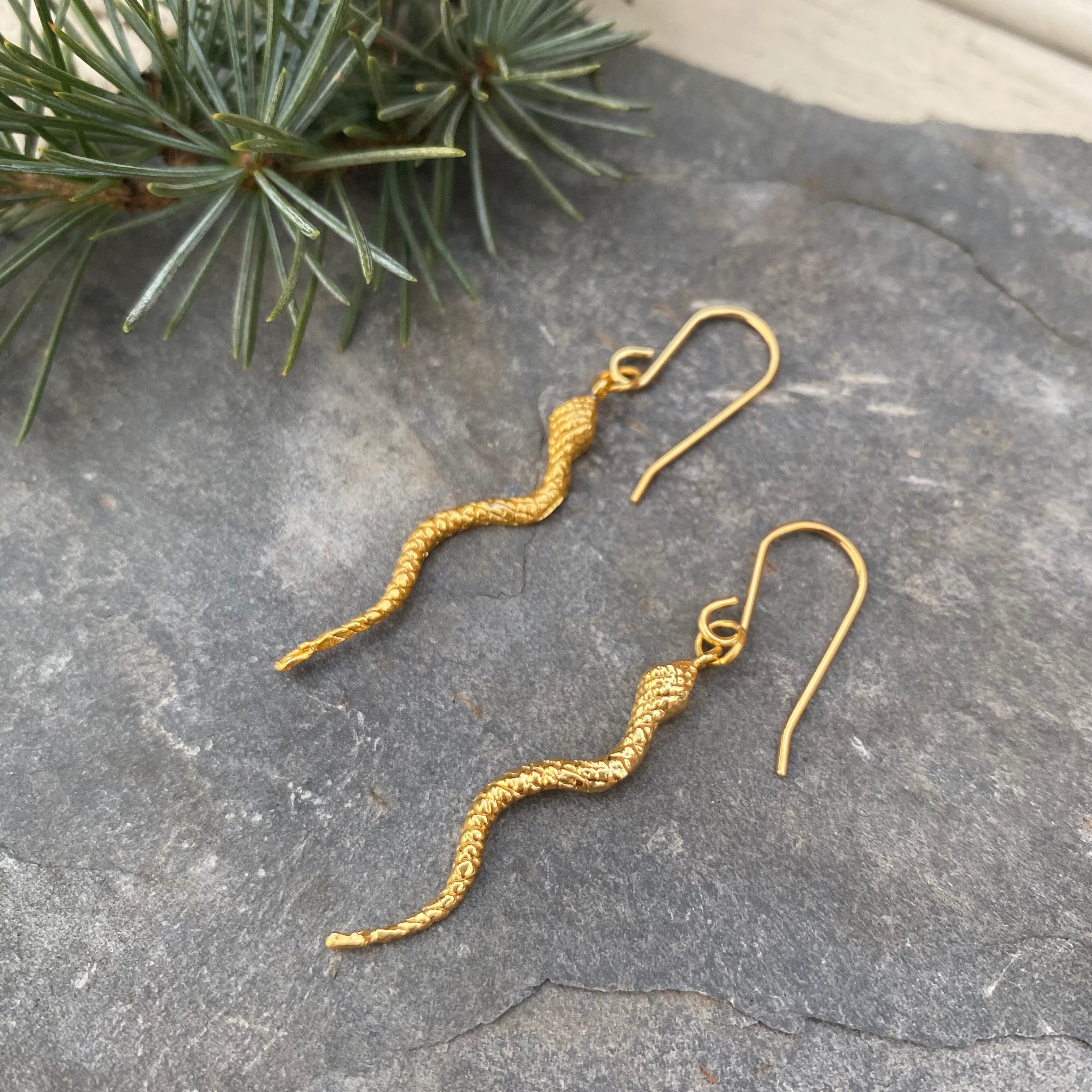 Quirky Unusual Snake Earrings - Gold Plated Sterling Silver