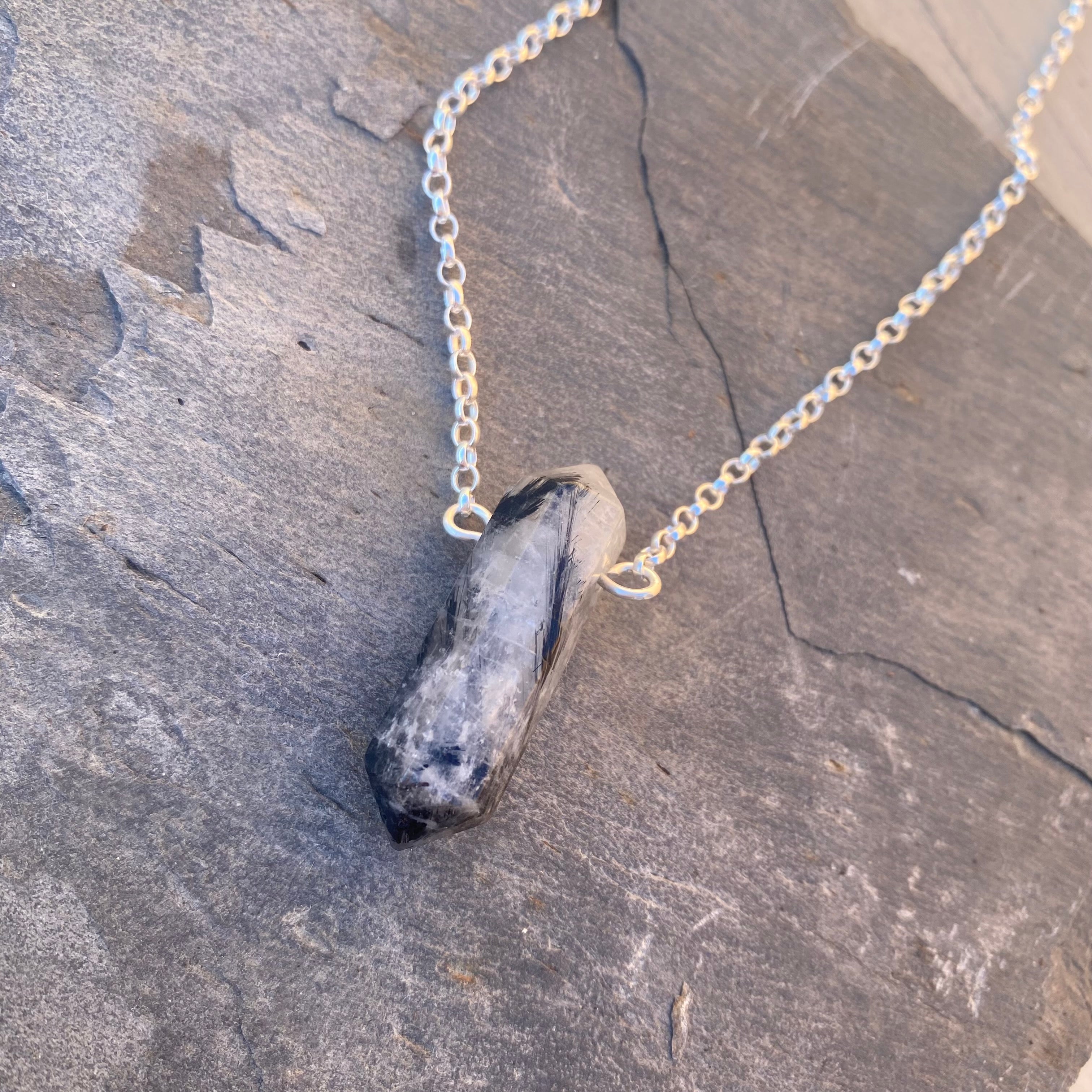 Tourmalinated Quartz Necklace - Sterling Silver Belcher Chain - Natural Crystal Jewellery