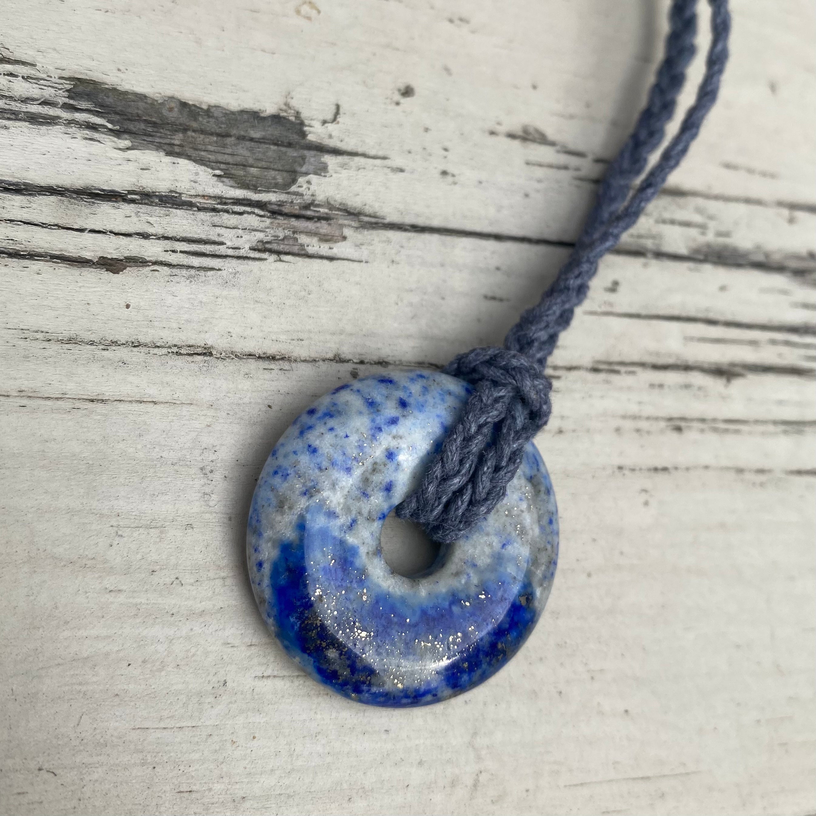 Lapis Lazuli Donut Jewellery Pendant - Adjustable Waxed Cotton Necklace