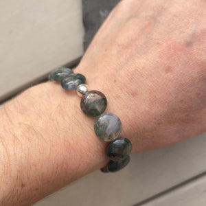 Moss Agate Bracelet - Gemstone Coin Beads with silver spacer - Crystal Healing Jewellery