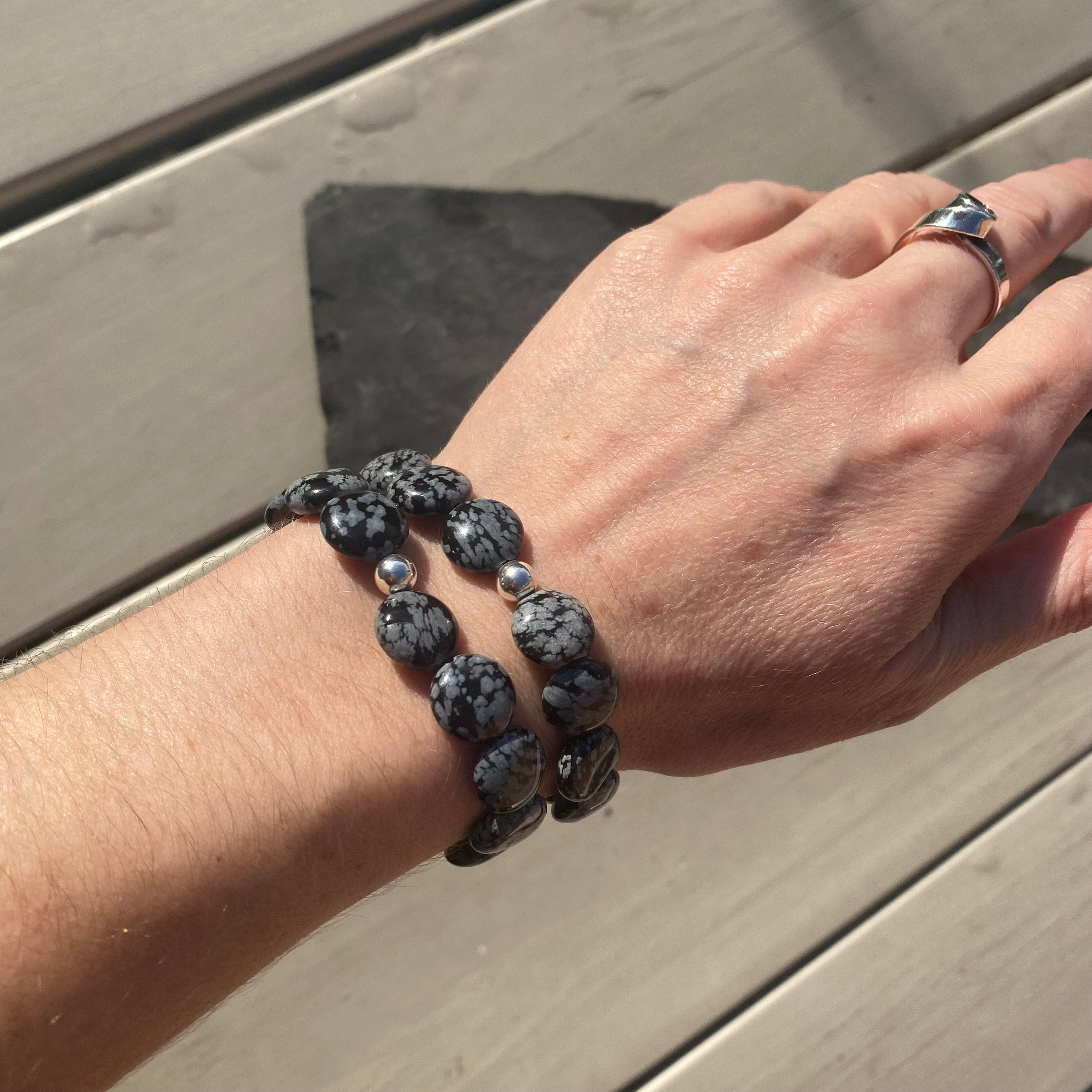 Snowflake Obsidian Bracelet - Gemstone Coin Beads with silver spacer - Crystal Healing Jewellery