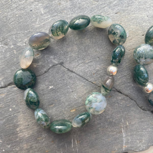 Moss Agate Bracelet - Gemstone Coin Beads with silver spacer - Crystal Healing Jewellery