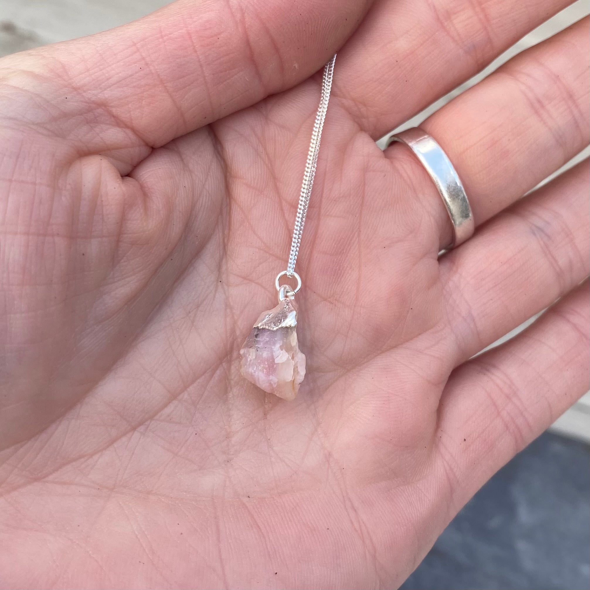 Birthstone Necklace - Raw Crystal and Sterling Silver October Pink Opal 18"